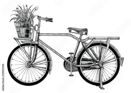 Vintage bicycle and flower pot hand drawing clip art isolated on white bakground