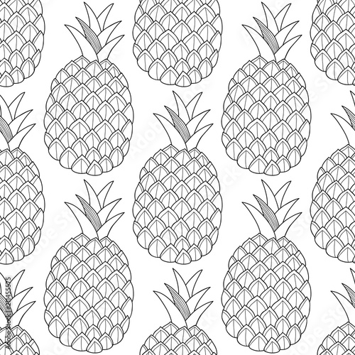 Pineapples, tropical fruits. Black and white illustration for coloring book. Sweet, healthy dessert and food.