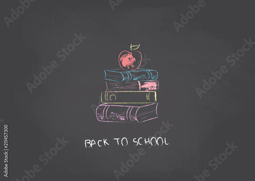 Empty chalkboard with faded chalk with stacked book hand draw and apple on top. Back to school concept.