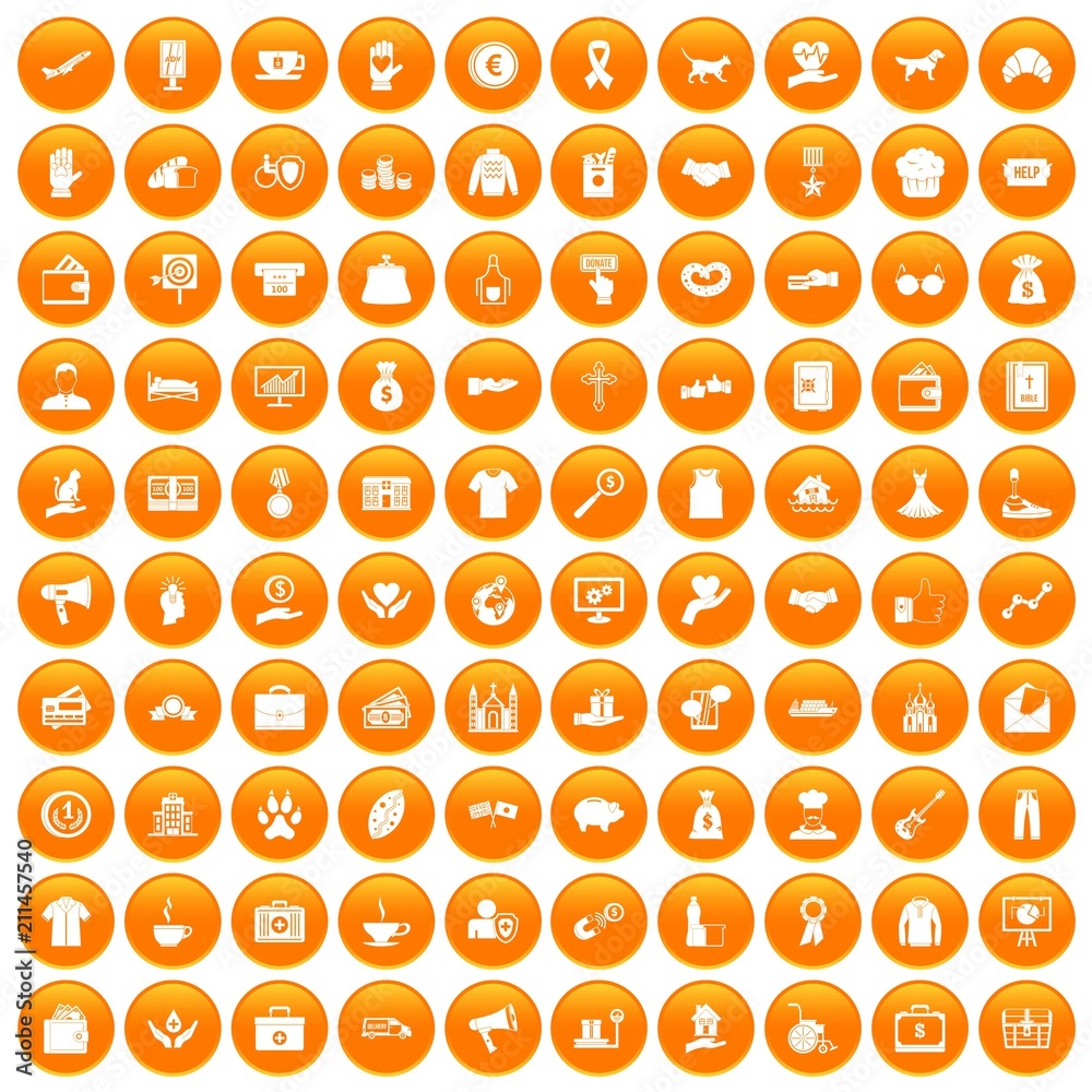 100 charity icons set in orange circle isolated on white vector illustration 100 charity icons set in orange circle isolated on white vector illustration