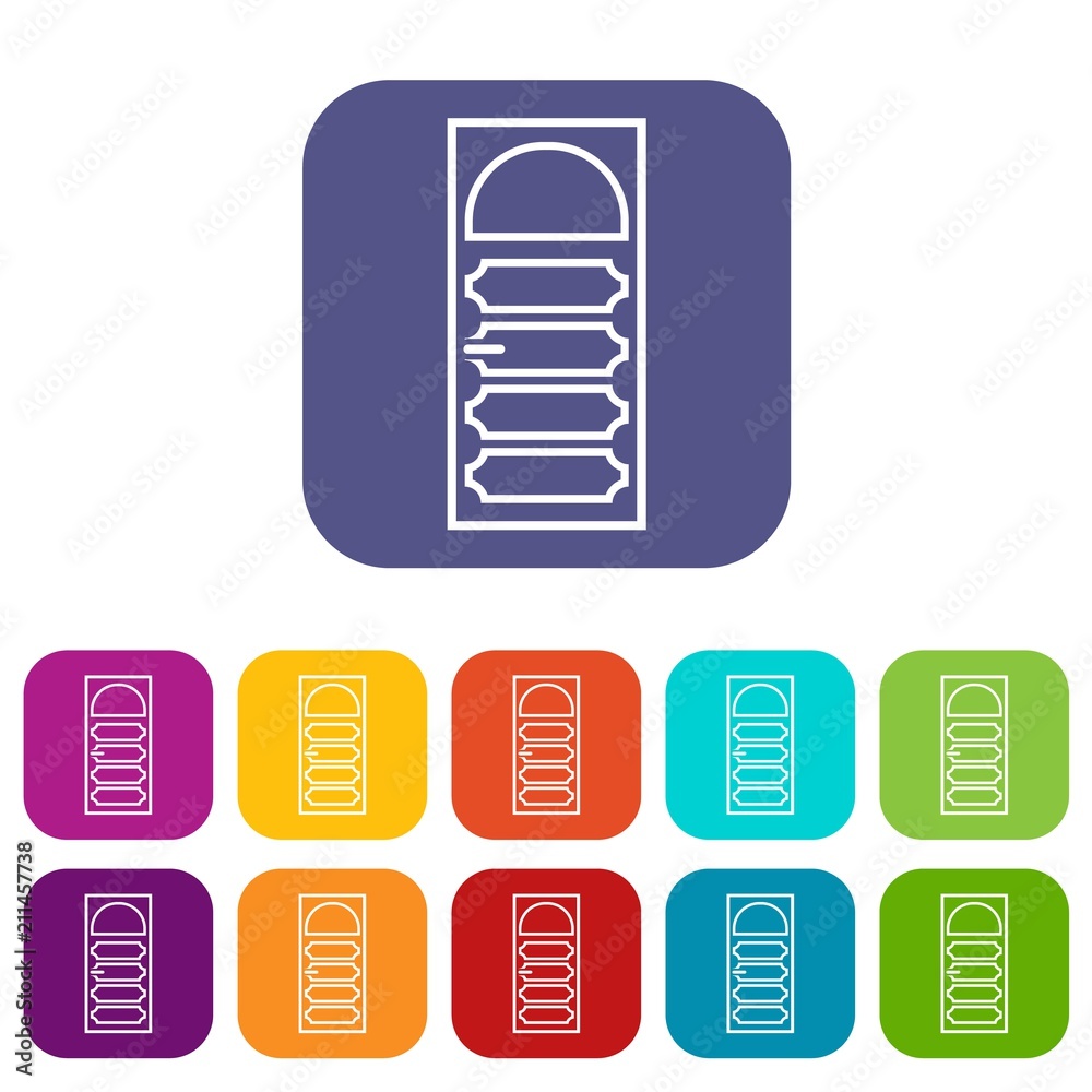 Wooden door with an arched glass icons set vector illustration in flat style in colors red, blue, green, and other Wooden door with an arched glass icons set vector illustration in flat style in colors red, blue, green, and other