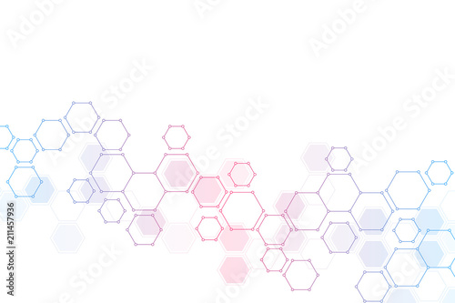 Geometric background from hexagons. Abstract molecular structure and chemical elements. Medical, science and technology concept.