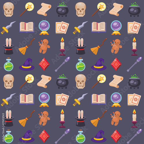 Magic vector tools magician fantasy carnival magical mystery cartoon miracle decoration seamless pattern background illustration.
