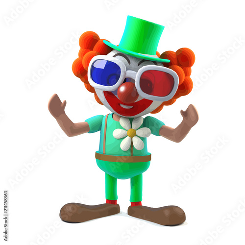 Vector 3d Funny cartoon clown character wearing 3d glasses