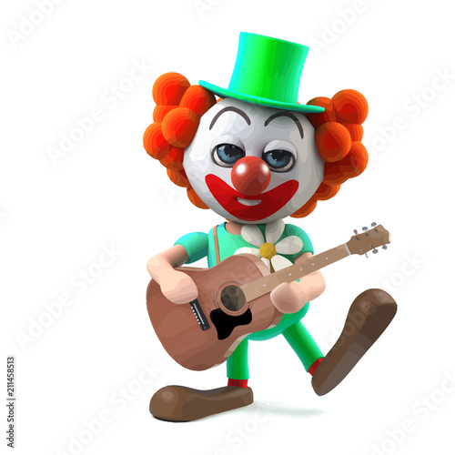 Vector 3d Funny cartoon crazy clown character plays his acoustic guitar