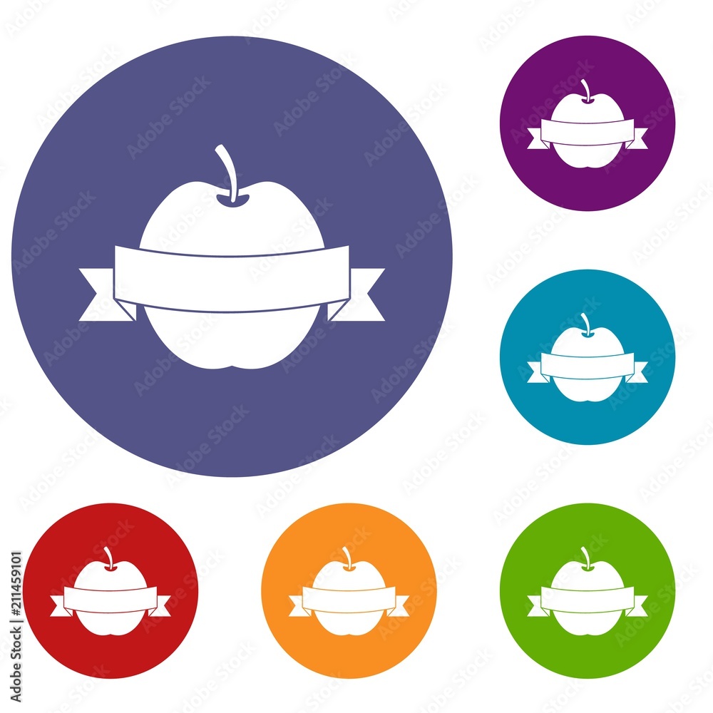 Apple with ribbon icons set in flat circle red, blue and green color for web Apple with ribbon icons set in flat circle red, blue and green color for web