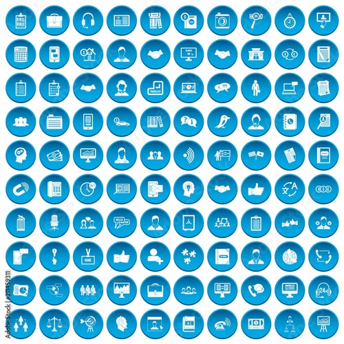 100 discussion icons set in blue circle isolated on white vectr illustration