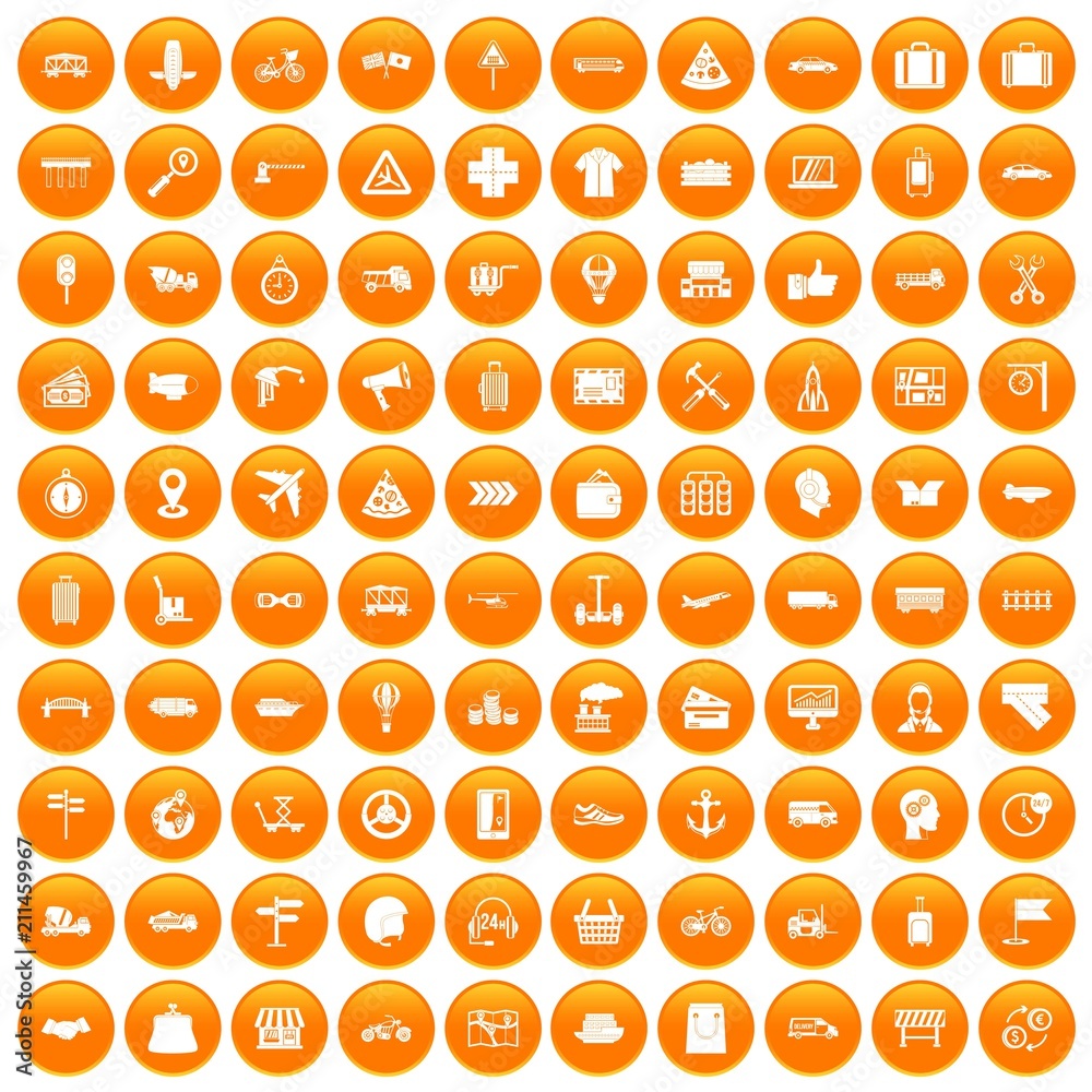 100 delivery icons set in orange circle isolated on white vector illustration
