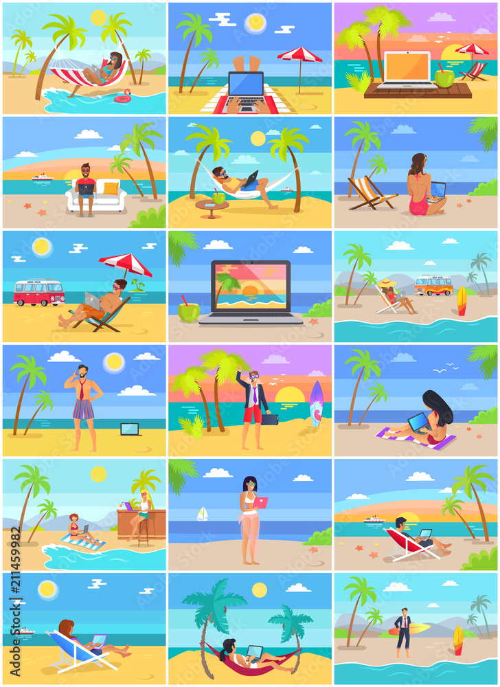 Fototapeta premium Distant Work Poster Freelancer Working on Laptop