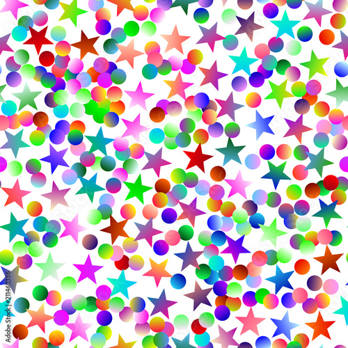Seamless pattern with random, chaotic, scattered bright colorful stars and circles on white backround.