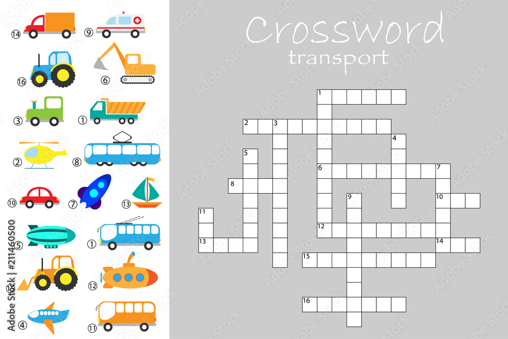 Сrossword for children, different transport theme, fun education game for kids, preschool worksheet activity, vector illustration