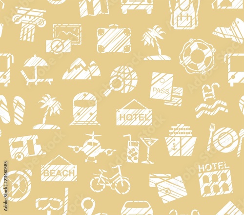 Travel, vacation, Hiking, leisure, seamless pattern, pencil shading, yellow, vector. Different types of holidays and ways of travelling. White figures on a yellow background.