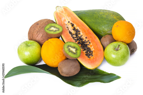 tropical fruits, papaya, orange, apple kiwi and coconut