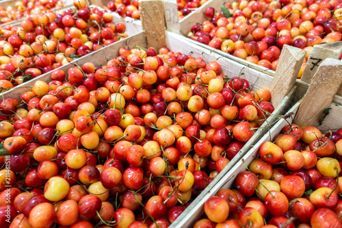 cherry on the market  in a wooden box