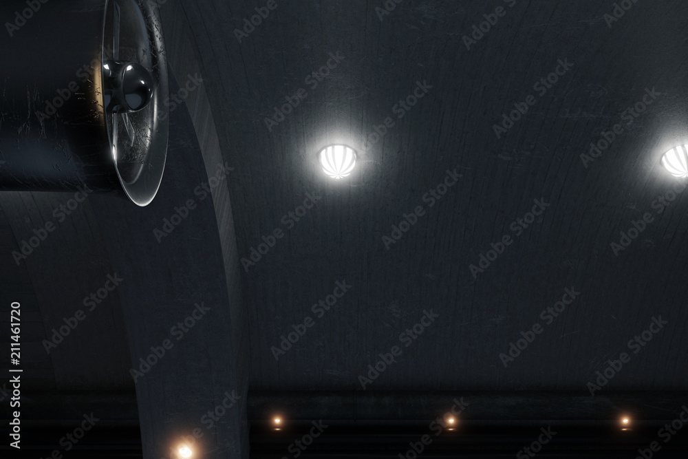 Beton Tunnel mit Beleuchtung und Turbine. 3d rendering Beton Tunnel mit Beleuchtung und Turbine. 3d rendering