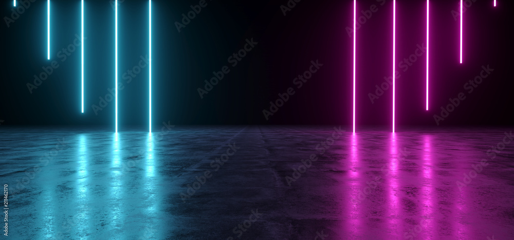 Futuristic Sci-Fi Abstract Blue And Purple Neon Light Shapes On Black Background And Reflective Concrete With Empty Space For Text 3D Rendering