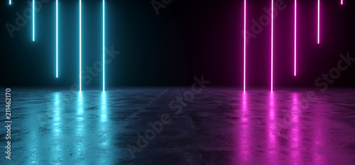 Futuristic Sci-Fi Abstract Blue And Purple Neon Light Shapes On Black Background And Reflective Concrete With Empty Space For Text 3D Rendering photo