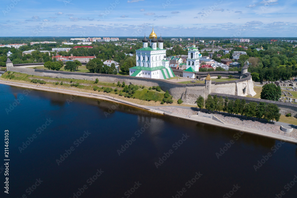 Trinity Cathedral in the Pskov Kremlin on a sunny July afternoon (aerial photography). Pskov, Russia