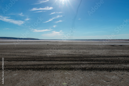 dried up pink salt lake, saline photo