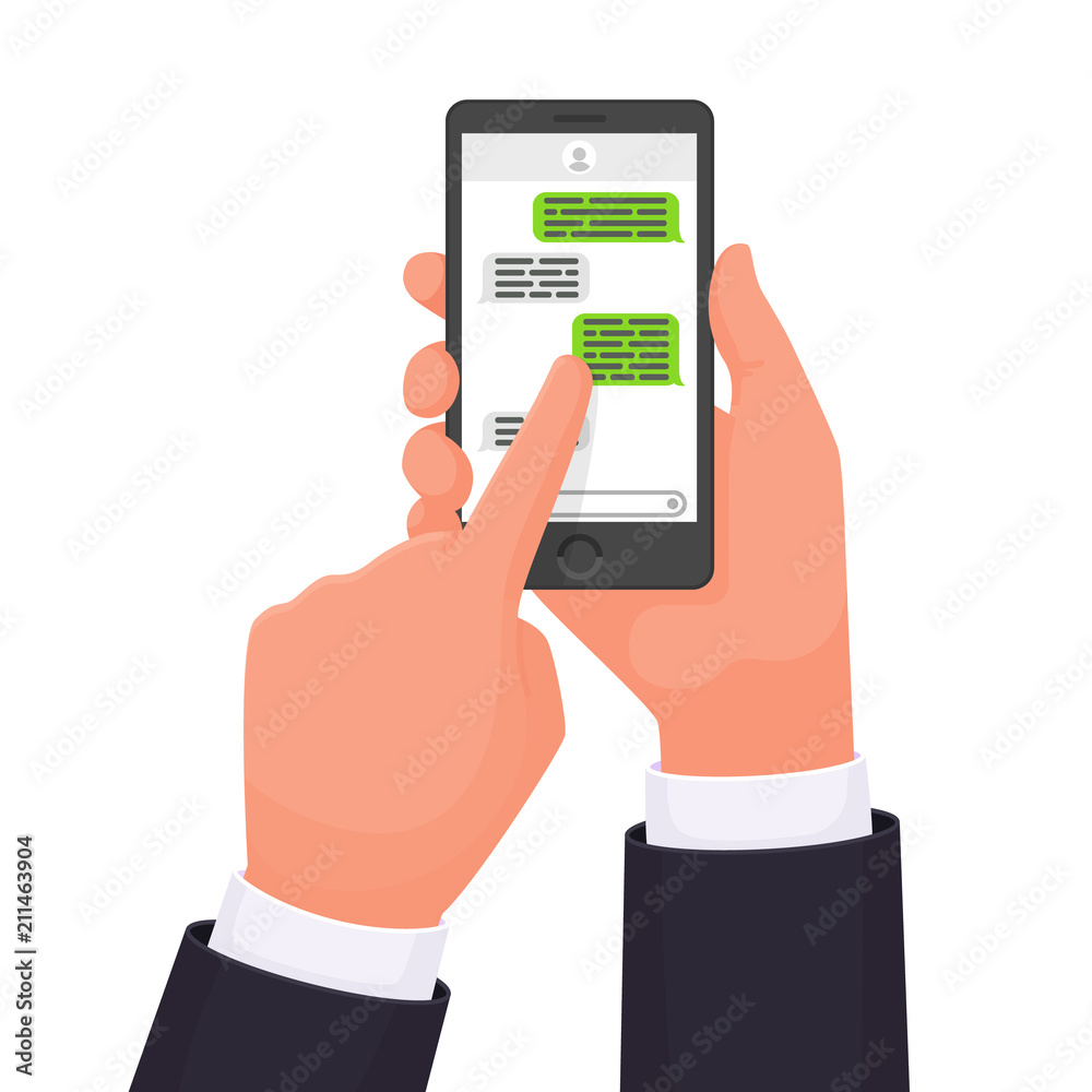 Hands that hold the smartphone. Online chat. Messenger. Communication in the network. sms message
