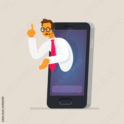 Online assistant. The concept of assistance and counseling through a mobile device. Consultant in the smartphone