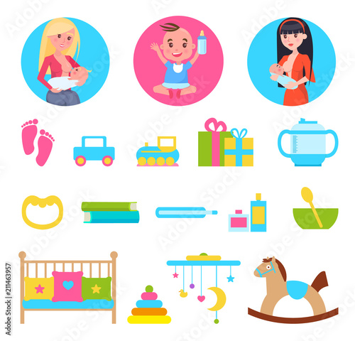 Kid and Breastfeeding, Toys Set Vector Illustration