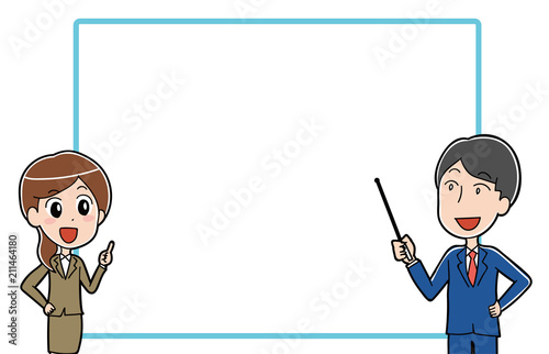 説明をするスーツの男女メッセージ素材