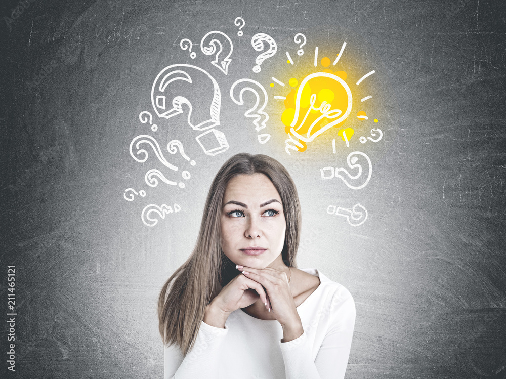 Clever young businesswoman thinking, answer search Clever young businesswoman thinking, answer search