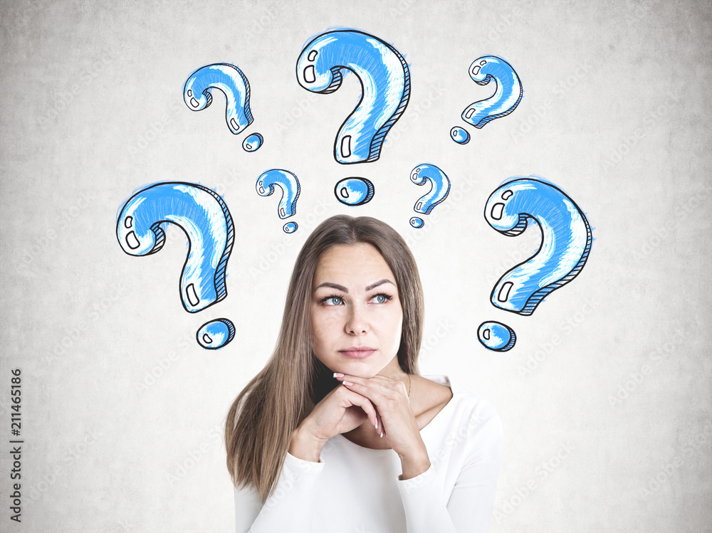 Clever young businesswoman thinking, question mark Clever young businesswoman thinking, question mark
