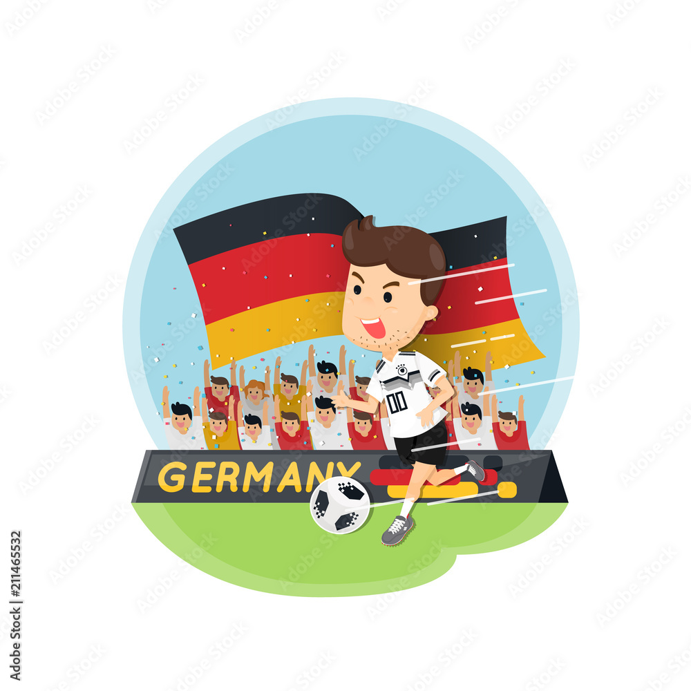 Fototapeta premium Cartoon Germany's football player character with football fans background. Flat vector design