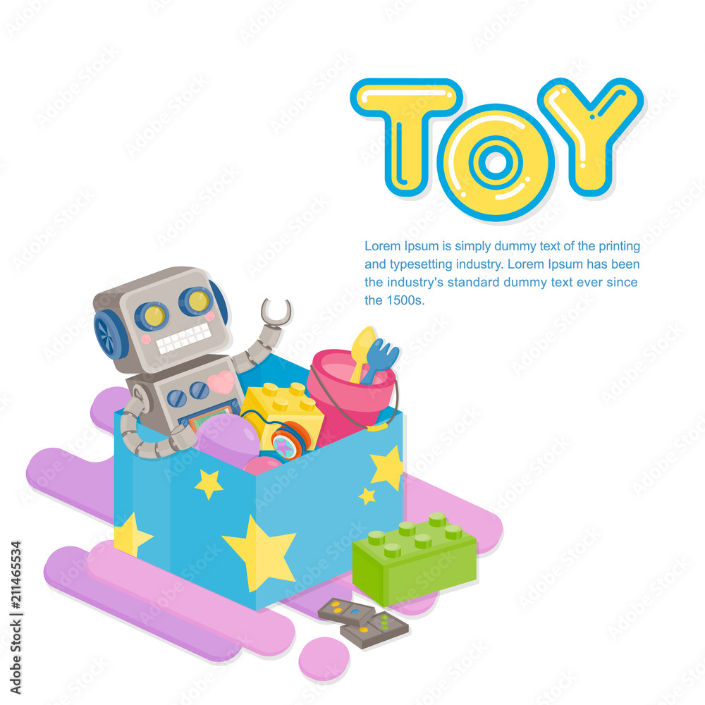 Obraz premium Several colorful toy in blue box on white background. Toy template