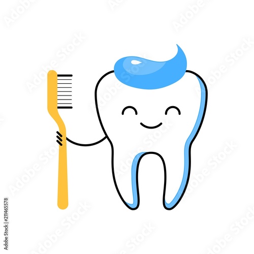 Teeth cleaning thin line icon. Happy tooth character with toothpaste holding toothbrush. Dentistry clinic services symbol with comic dental personage. Everyday oral hygiene at home vector illustration