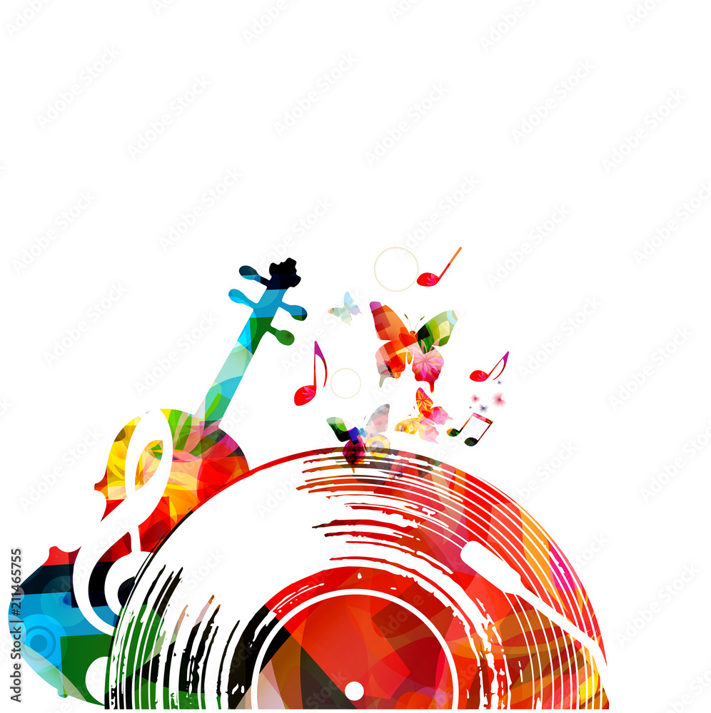 Fototapeta premium Colorful music background poster with vinyl record, violoncello and music notes. Music festival poster vector illustration