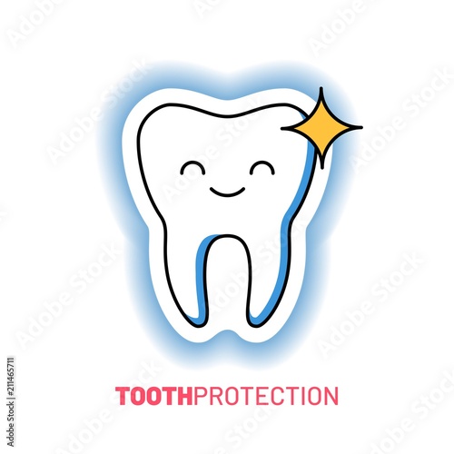 Professional teeth cleaning and protection logo. Happy and shiny tooth vector character. Comic dental personage for dentistry clinic advertising. Modern stomatology assistance and oral hygiene.