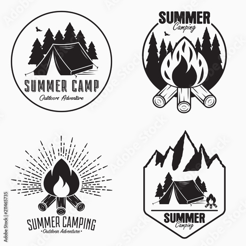 Vintage summer camp logo set. Camping badges and outdoor adventure emblems. Original typography with camping tent, bonfire and forest silhouette. Vector illustration.