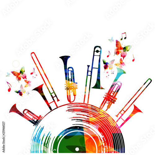 Colorful music background poster with vinyl record, trumpet and music notes. Music festival poster vector illustration