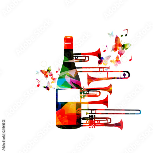 Colorful bottle with trumpet and music notes isolated vector illustration. Background for restaurant poster, restaurant menu, music events, live music and festivals