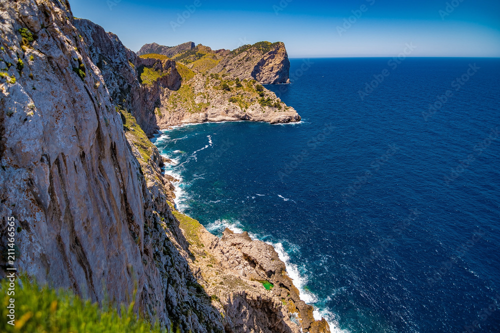 A rugged coast on a sunny summer day without clouds in Majorca, Spain 2018