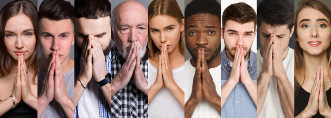 Collage of diverse people praying at studio background