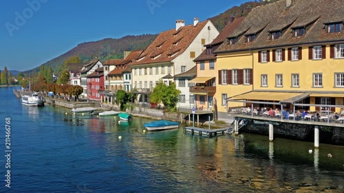 Rhine river riverbank with old houses, Stein am Rhein, Switzerland