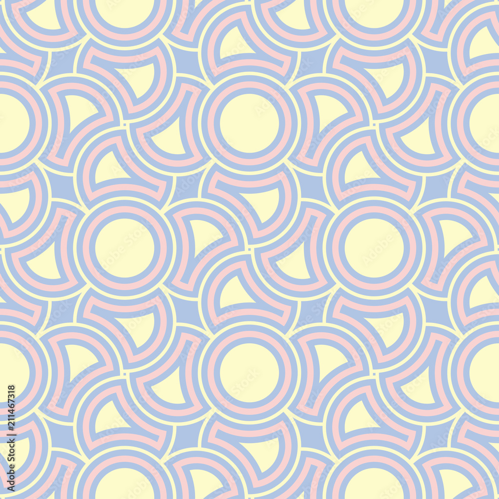 Geometric blue seamless pattern with beige and pink elements