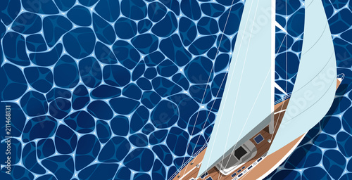 Sailing ship banner. Top view sail boat on water
