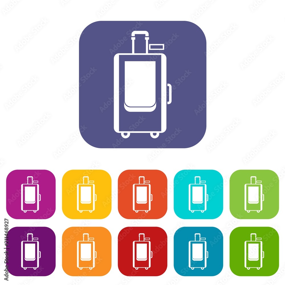 Travel suitcase icons set vector illustration in flat style in colors red, blue, green, and other Travel suitcase icons set vector illustration in flat style in colors red, blue, green, and other