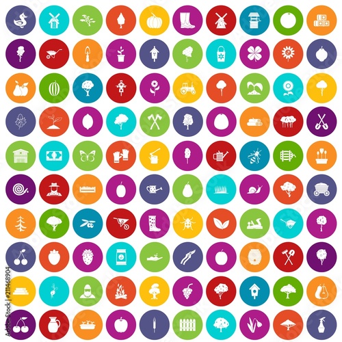 100 agriculture icons set in different colors circle isolated vector illustration