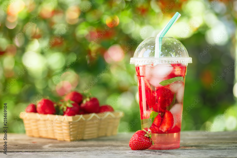 strawberry lemonade in plastic glass strawberry lemonade in plastic glass