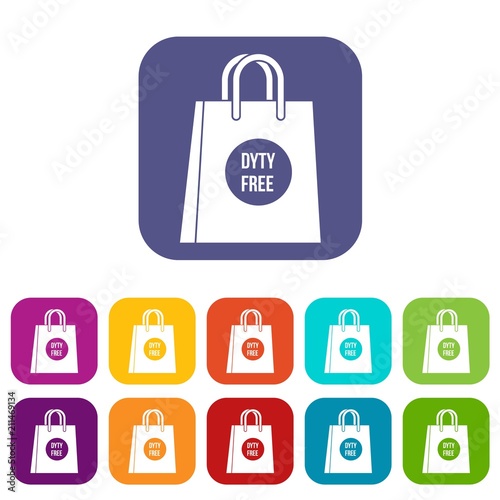 Duty free shopping bag icons set vector illustration in flat style in colors red, blue, green, and other
