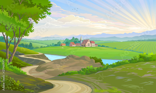 A town in the middle of vast green fields