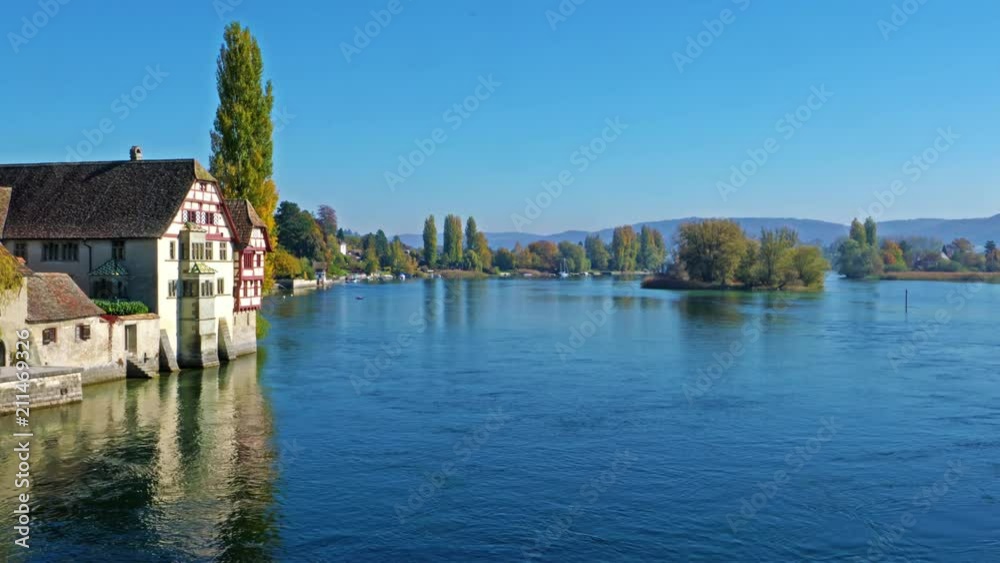 Rhine river riverbank with old houses, Stein am Rhein, Schaffhausen, Switzerland Rhine river riverbank with old houses, Stein am Rhein, Schaffhausen, Switzerland