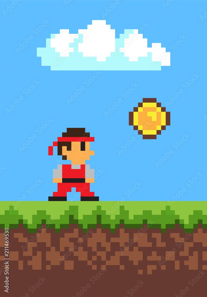 Man Collecting Coins, 2d Game, Pixel Illustration