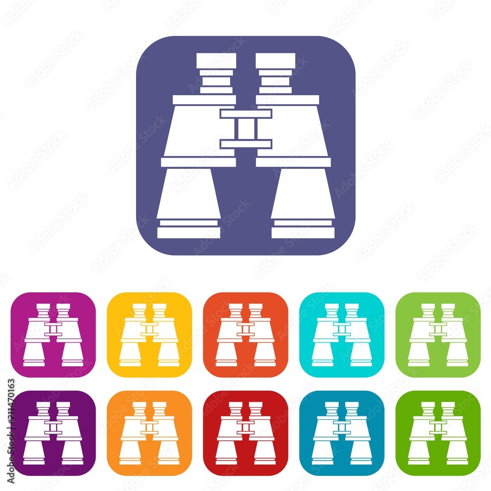 Binoculars icons set vector illustration in flat style in colors red, blue, green, and other Binoculars icons set vector illustration in flat style in colors red, blue, green, and other
